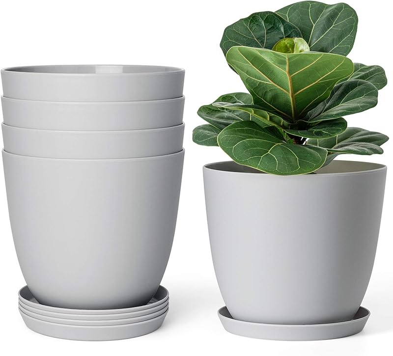 6.5" Plastic Planters with Saucers, Indoor Set of 5 Flower Plant Pots ...