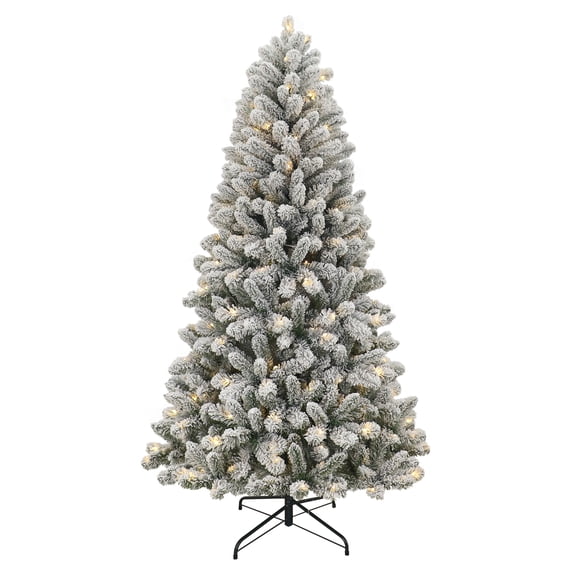Open Box 6.5' Pre-Lit Green Flocked Frisco Pine Artificial Christmas Tree with 250 Color-changing LED Lights, by Holiday Time