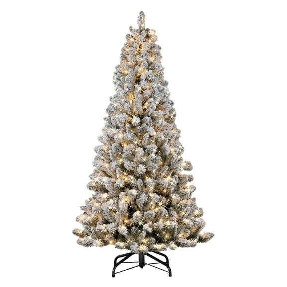 6.5' Pre-lit Flocked Virginia Pine Artificial Christmas Tree, 787 Tips, 300 UL-Listed Clear Lights, Metal Stand