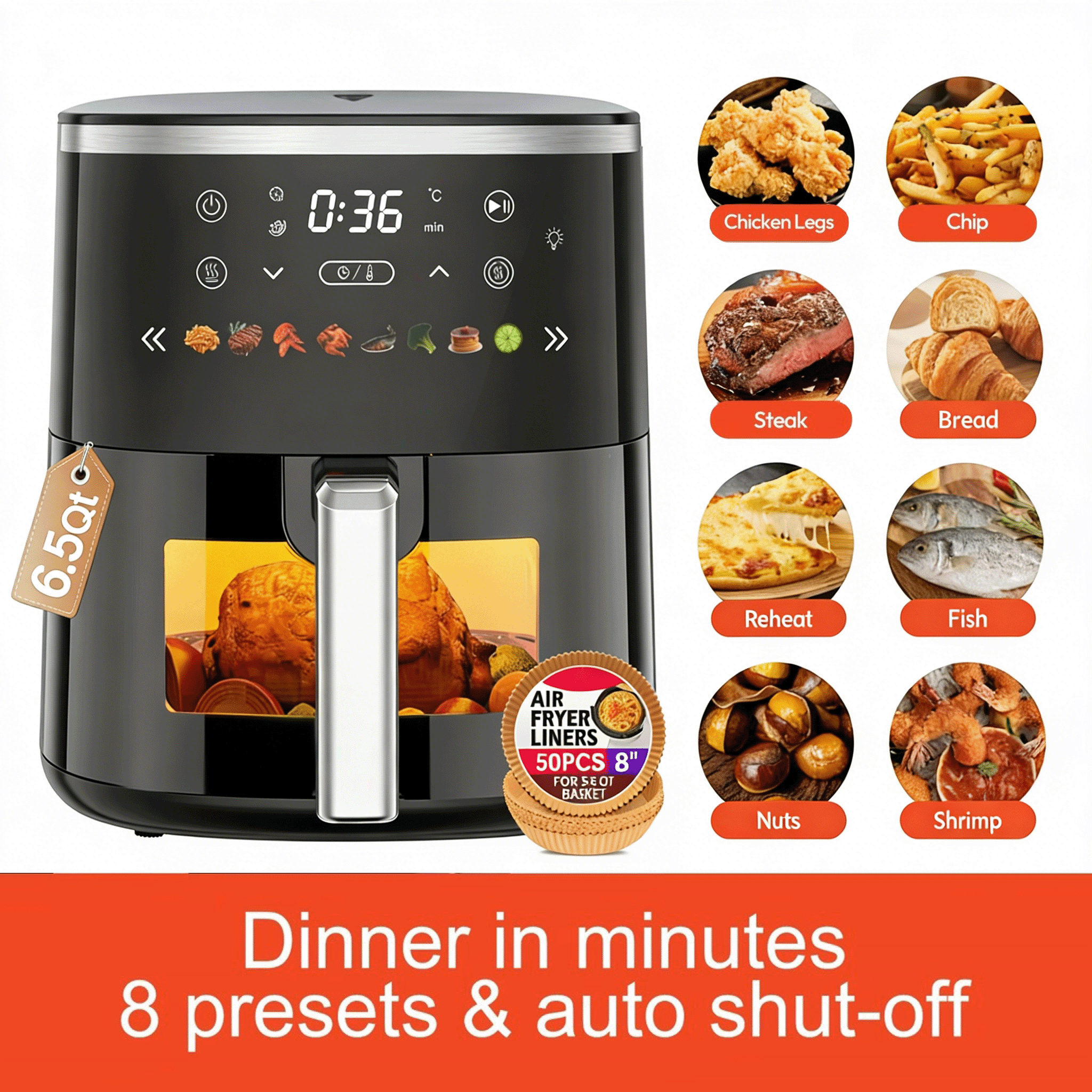 6.5 Qt Large Air Fryer Digital Control With View Window 8 Presets For Fast Family Meals Temp Timer Adjustable Roast Bake Crisp French Fries Steak 1550W
