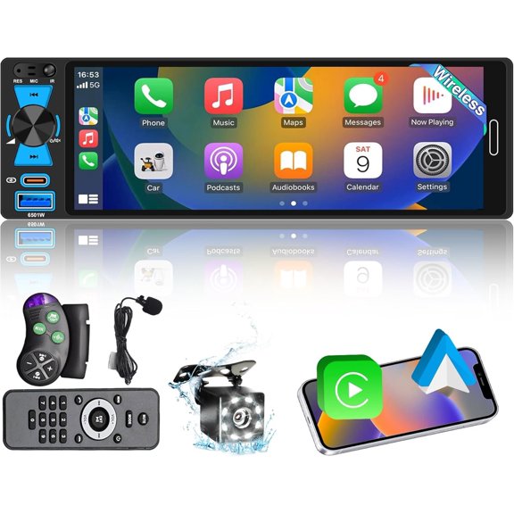 6.5" Single Din Touchscreen Radio with & , FM/AM, Stereo with 5.2, 180W Audio, 20-Band EQ,USB/Type-C,Mirror Link,External Mic,8-LED Backup Camera,SWC
