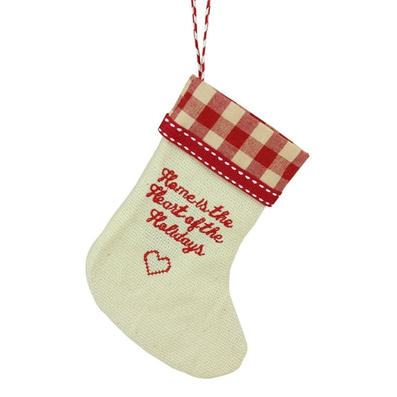 Roman 6.5" Embroidered Heart Stocking wth Gingham Cuff Christmas Ornament - Tan/Red