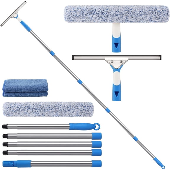 6.5  Window Cleaning Kit with Extension Poles, Window Cleaner Tool with 14''  , 14'' Microfiber  & Cloth, Window Washing Equipment for Indoor/Outdoor Windows