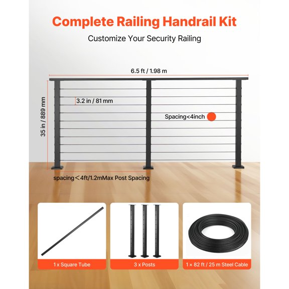 6.5 ft Cable Railing Kit with Post 35 Inch Tall Matte Black Stainless Steel Handrail Cuttable for Outdoor Indoor Steps Level Hole Drilled Posts System for Stairs Deck Balcony
