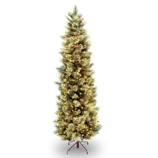 Glasgow 7.5ft Frosted Prelit Artificial Christmas Tree with Pine Cones,  Foot Pedal, 1556 Branch Tips, 750 Warm Lights and Metal Stand, 61 wide