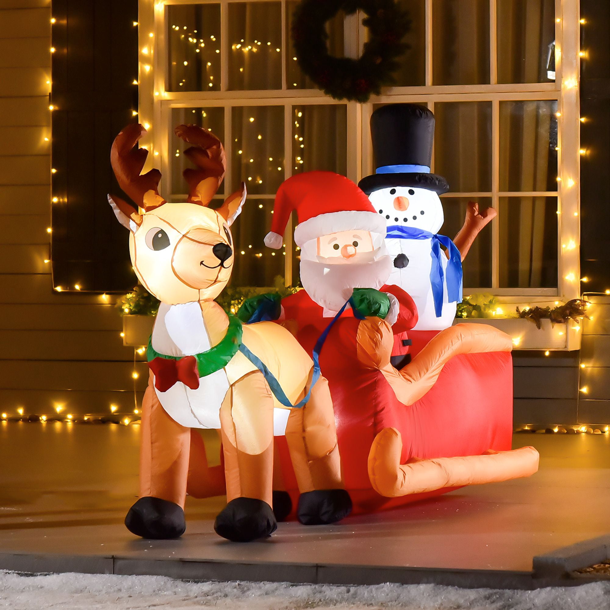 6.5 ft Christmas Inflatable with Santa Claus on Sleigh, Reindeer and Snowman, LED Lights, Polyester, 78.75 in Long, for Yard Decor