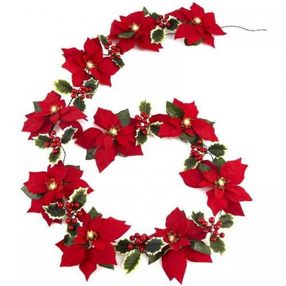 6.5 ft Christmas Poinsettia Garland String Light Artificial Poinsettia String Light 10 Led Velvet Flower String Light Christmas Tree Garland Decor, Battery Operated with Red Berries and Holly Leaves