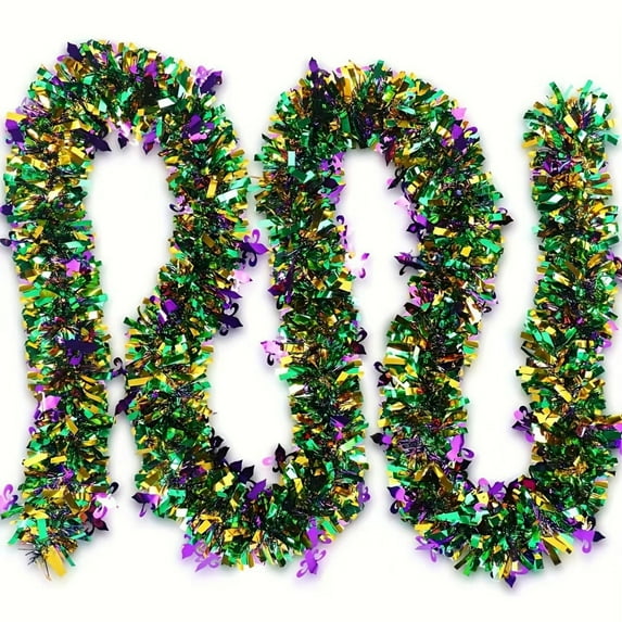 6.5 ft Mardi Gras Tinsel Garland Decorations Purple Green Gold Metallic Festooning Garland Glittering Sparkling for Mardi Gras Party Indoor Outdoor Hanging Decoration