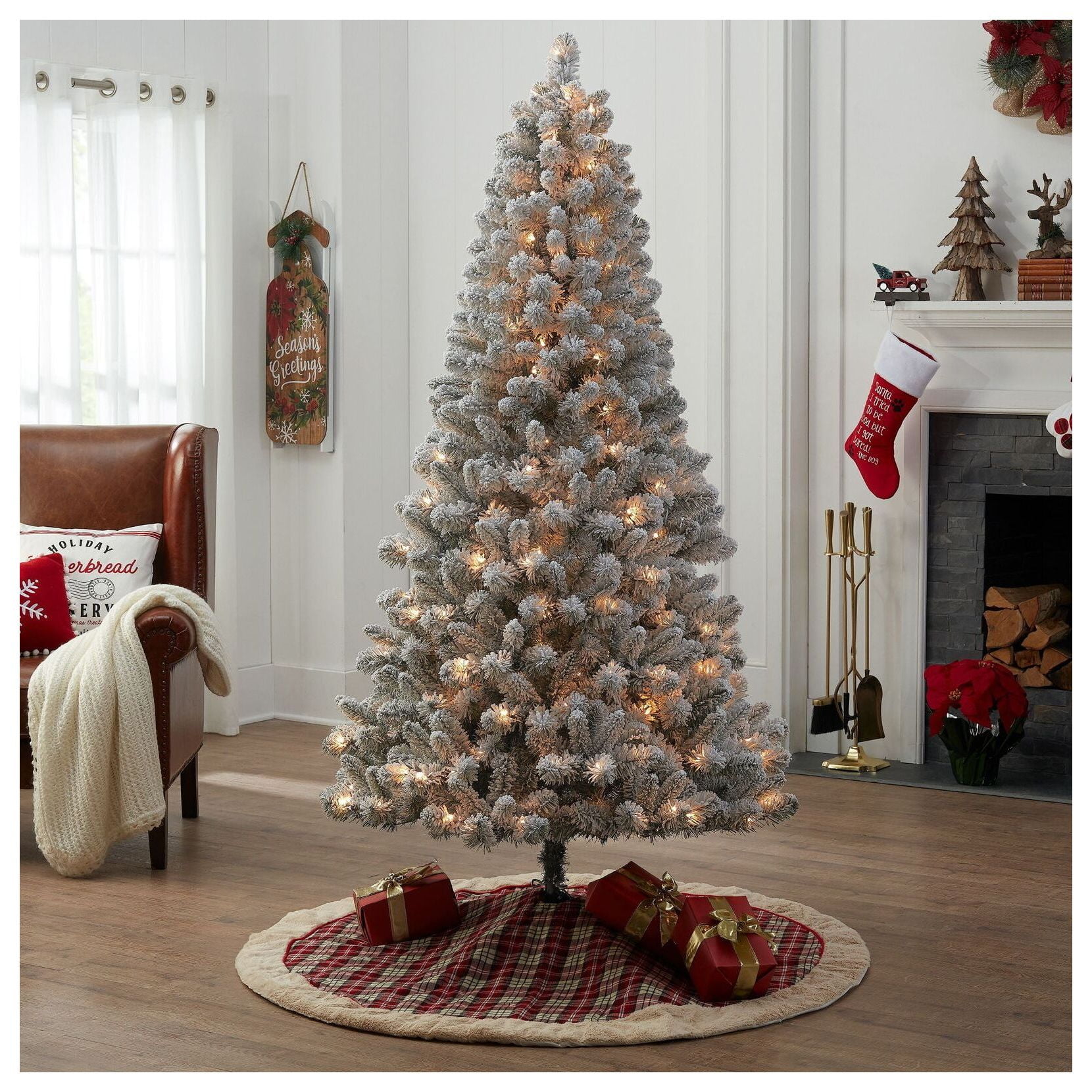 6.5 ft PreLit Flocked Frisco Pine Artificial Christmas Tree, 250 Clear