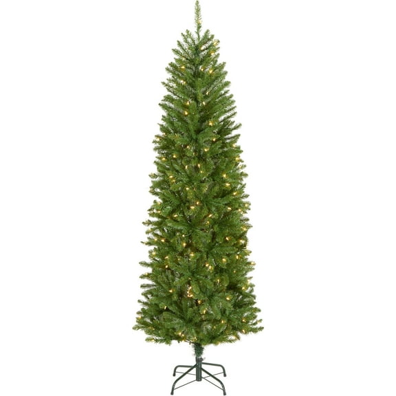 6.5 ft Pre-Lit Kingswood Fir Artificial Slim Christmas Tree, Green Tree with White Lights and Metal Stand, Space-Saving Holiday Tree for Home, Office, or Apartment Decoration