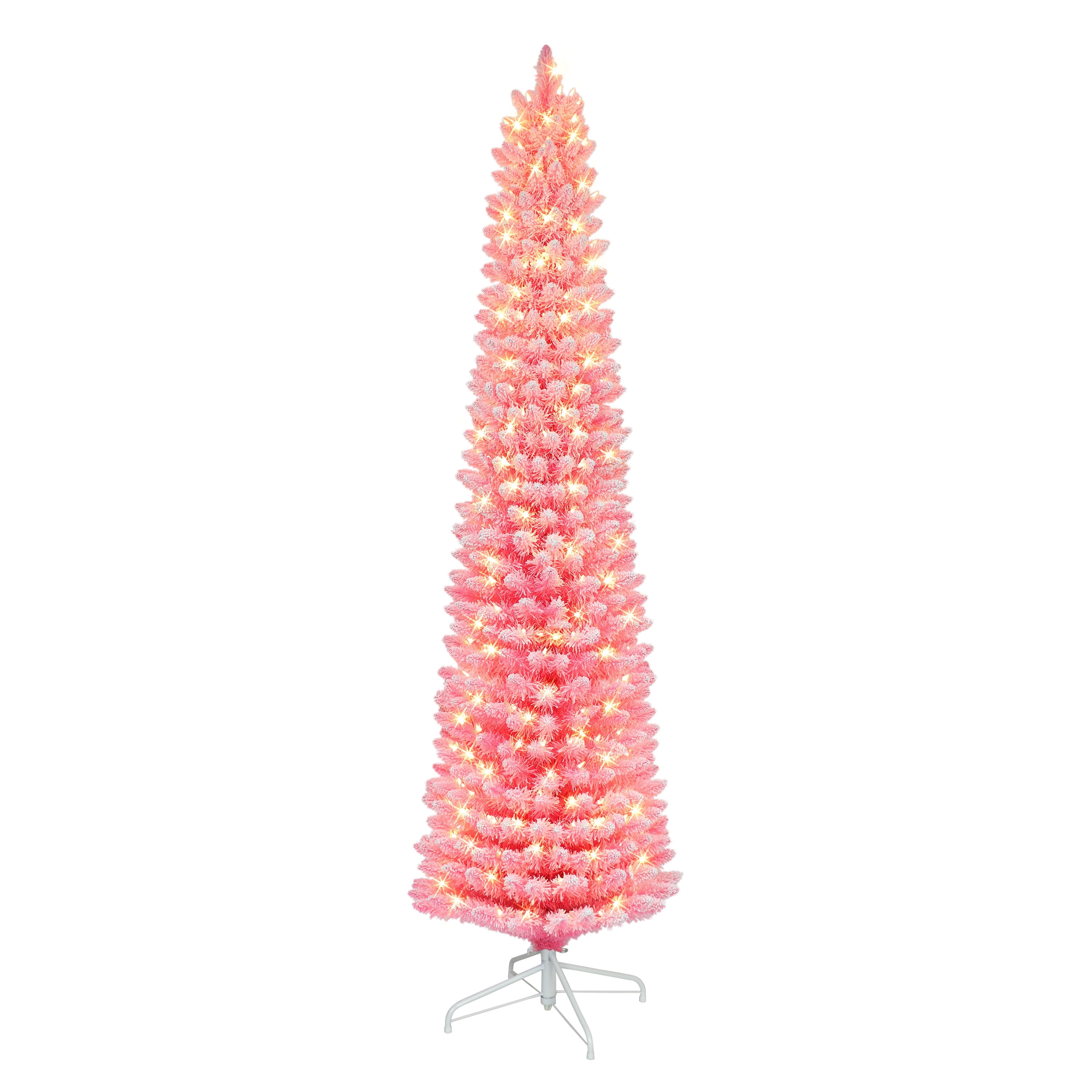 6.5 ft Prelit Flocked Fashion Pink Pencil Tree 356 Tips 200 UL Clear