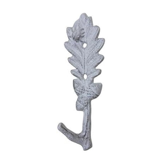 6.5 x 1.5 x 3 in. Whitewashed Cast Iron Oak Tree Leaf with Acorns Decorative Metal Tree Branch Hooks