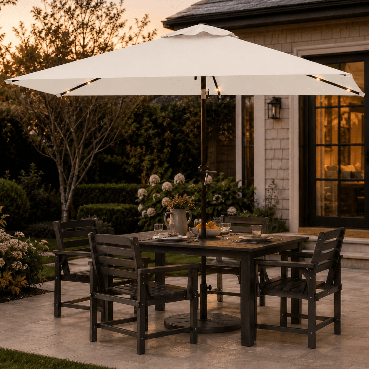 lighted rectangluar patio umbrella navy Rectangular Solar Light Bulb Tilt 10x6.5ft 6-Rib Pull Rod Base.( Sun-Ray 9 ft. x 7