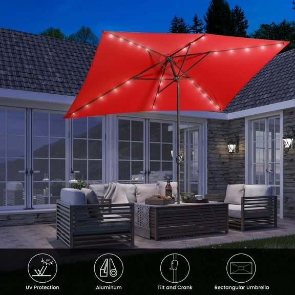 6.5 x 10ft Rectangular Patio Umbrella with 26 Led Lights Outdoor Market Table Umbrella with Push Button Tilt and Crank for Garden(Red)