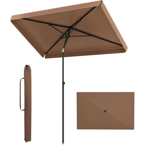 6.5 x 4.3 FT Rectangular Patio Umbrella, Portable Outdoor Market Table Umbrella with Push Button Tilt for Balcony Garden Backyard Deck Pool (Tan)