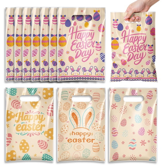 6.5 x 9.8 in Easter Candy Bags – 100Pcs Holiday Gift Tote Bags with Handles, Egg Printed Goodie Bags for Party Favors, Treats, Snacks, Gift Packaging – 4 Mixed Styles
