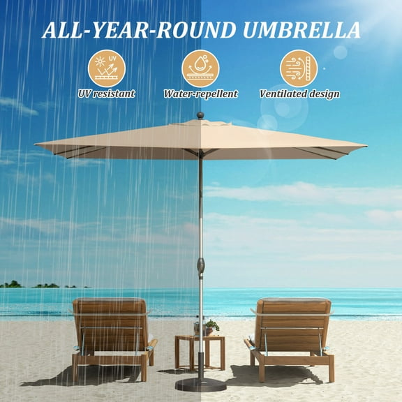 6.5'x10' Rectangle Patio Umbrella with Crank and Tilt - UV Resistant Outdoor Market Umbrella, Beige, Aluminum Frame 6 Reinforced Ribs for Pool Deck Garden, 250g Polyester Fade-Resistant Canopy