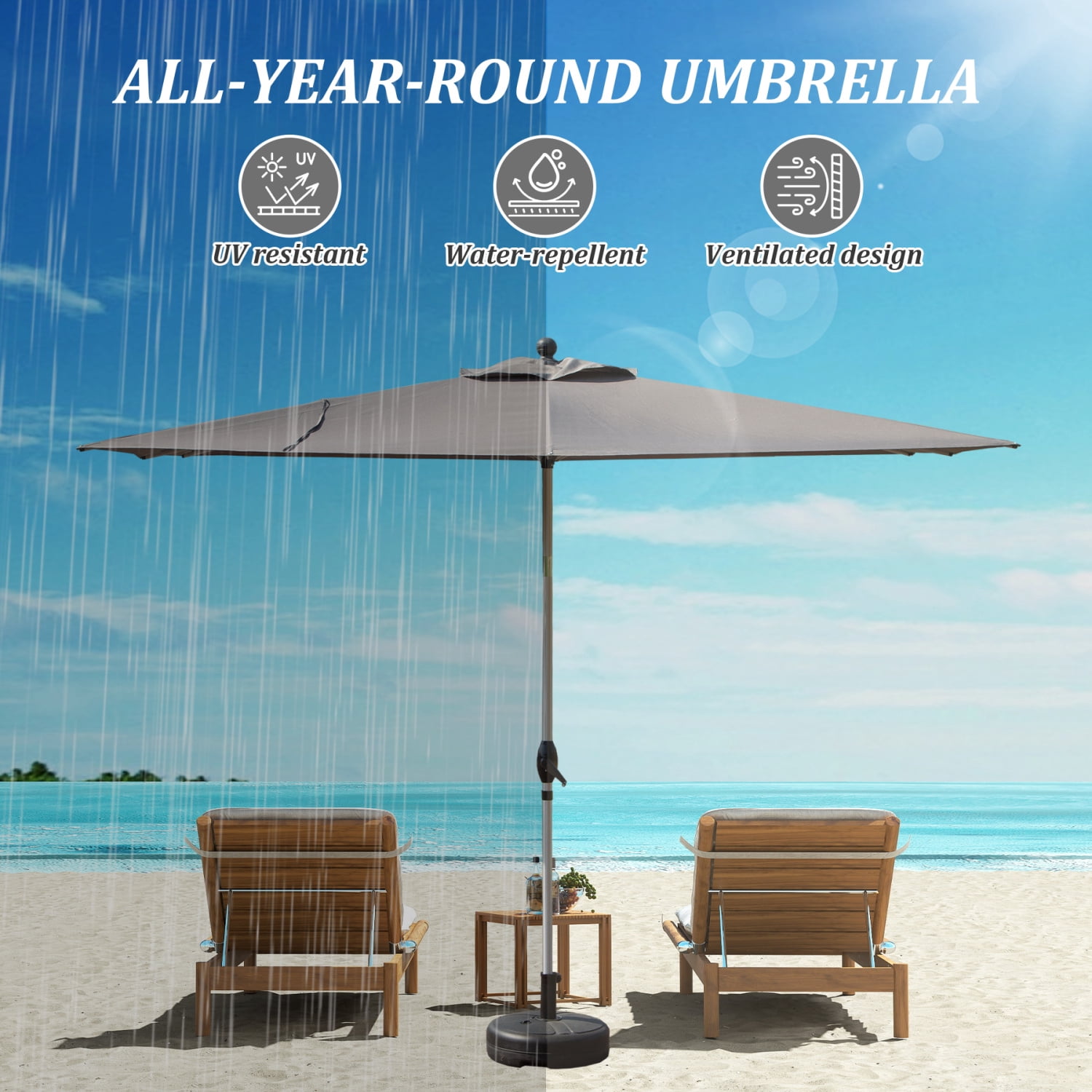 6.5'x10' Rectangle Patio Umbrella with Crank and Tilt - UV Resistant Outdoor Market Umbrella, Grey, Aluminum Frame 6 Reinforced Ribs for Pool Deck Garden, 250g Polyester Fade-Resistant Canopy