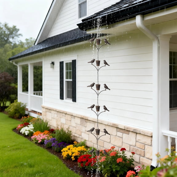 6.52FT Rust-Proof Metal Rain Chain with Birds & Buckets Decorative Rain Diverter with 6 Cups, Adjustable Gutter Hook for Patio, Garden & Home Exterior Decor