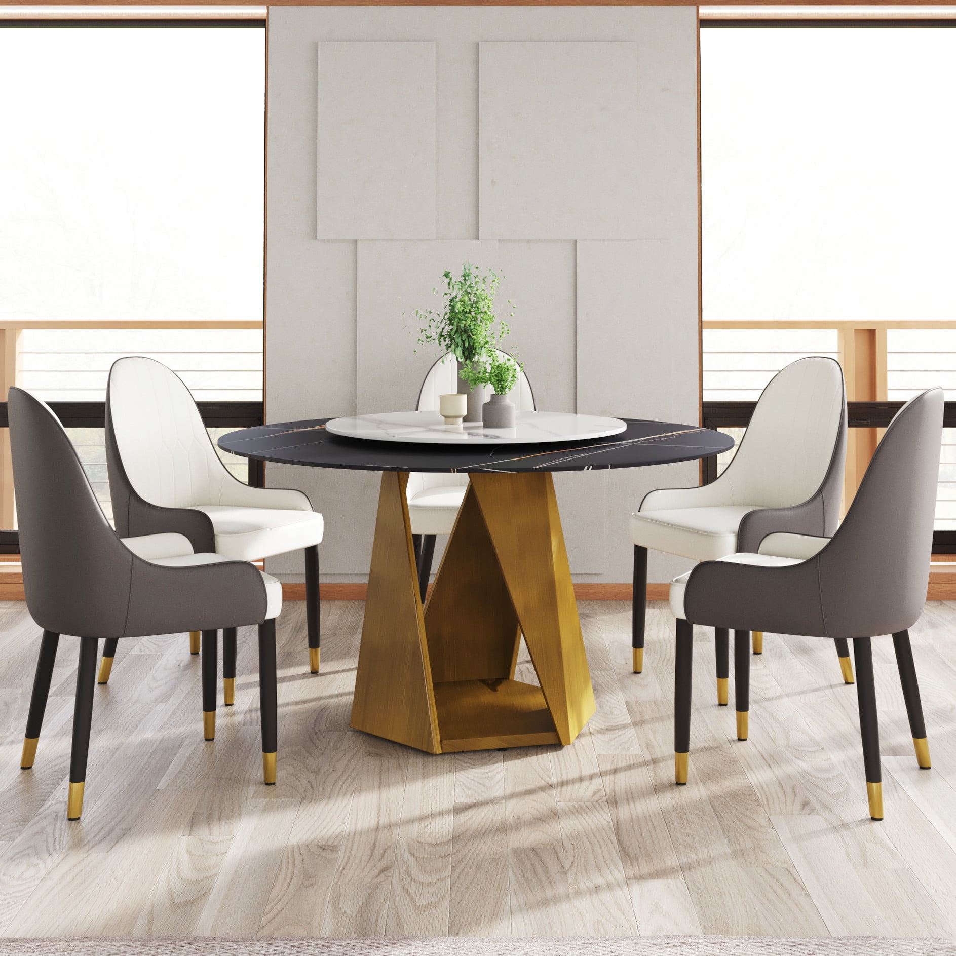 6 53" Round Dining Table, Black&white, With Bronze Iron Base & 23.62 ...