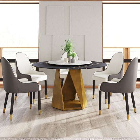 6 53" Round Dining Table, Black&white, With Bronze Iron Base & 23.62" White Sintered Stone Turntable, Fire- Construction Modern Stable Metal Radiation- Safe For Food