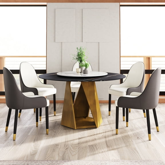6 53" Round Dining Table, Black&white, With Stable Bronze Iron Metal Base & 23.62" White Sintered Stone Turntable, Easy To Clean Hard Rotatable Disk, Stain- Desktop