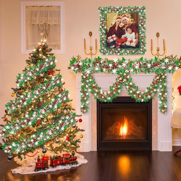 6.56 FT Christmas Decorations Tinsel Garland with Snowflake Christmas Tree, Red Green Silver Shiny Metallic Twist Christmas Garland for Home Tree Mantle Stairs Indoor Outdoor Holiday Xmas Party Decor