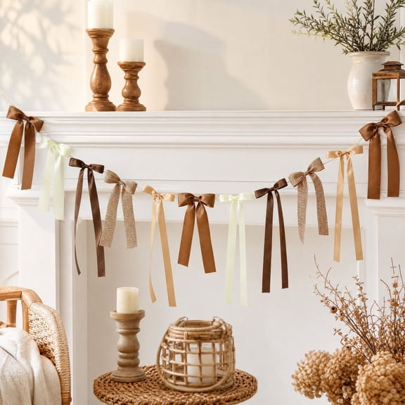 6.56 Ft Ribbon Bow Garland, Brown Beige and Plaid Decorative Bunting Banner for Mantel Wall, Cozy Fall Thanksgiving Home Decor, Boho Party Backdrop Supply