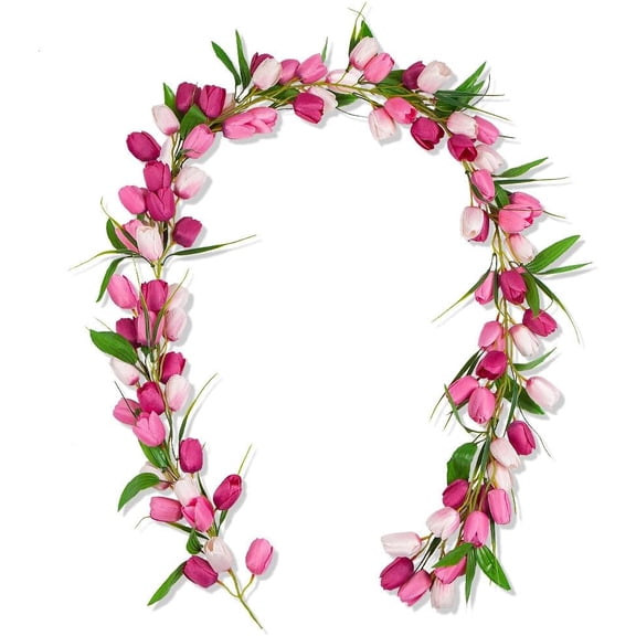 6.56FT Artificial Tulip Garland Spring Garland Easter Christmas Decorations with Flower Green Leaves Hanging Vines for Wall Home Wedding Indoor Outdoor Decor