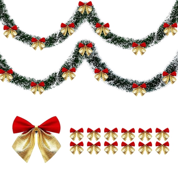 78.74"Christmas Tinsel Garland with 12 Gold Bows,Metallic Glittering Hanging Twist Garland for Xmas Tree Stair Mantel Table Window Decor