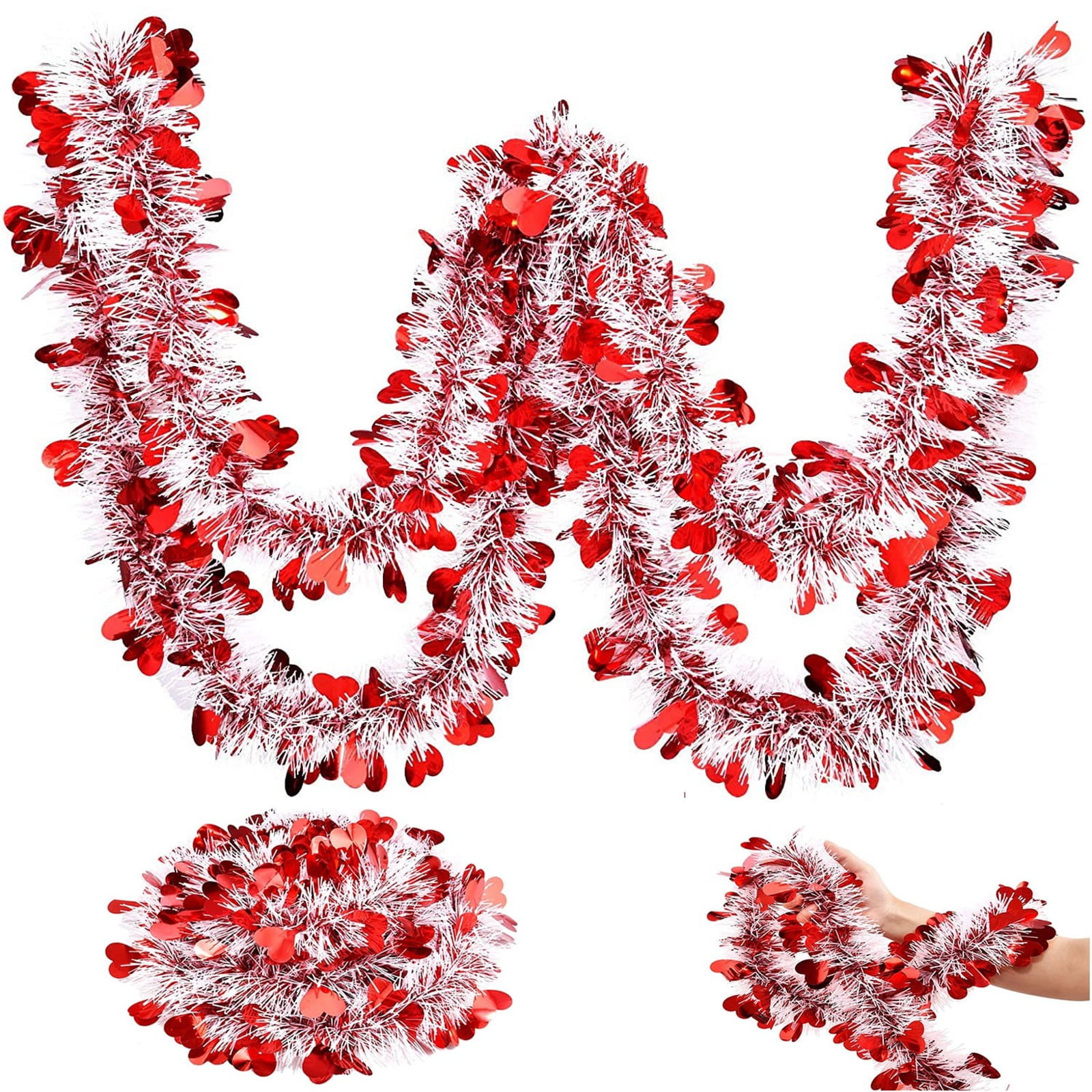 6.56Ft 6 Pieces Valentine’s Day Heart Tinsel Garland Red Metallic Twist