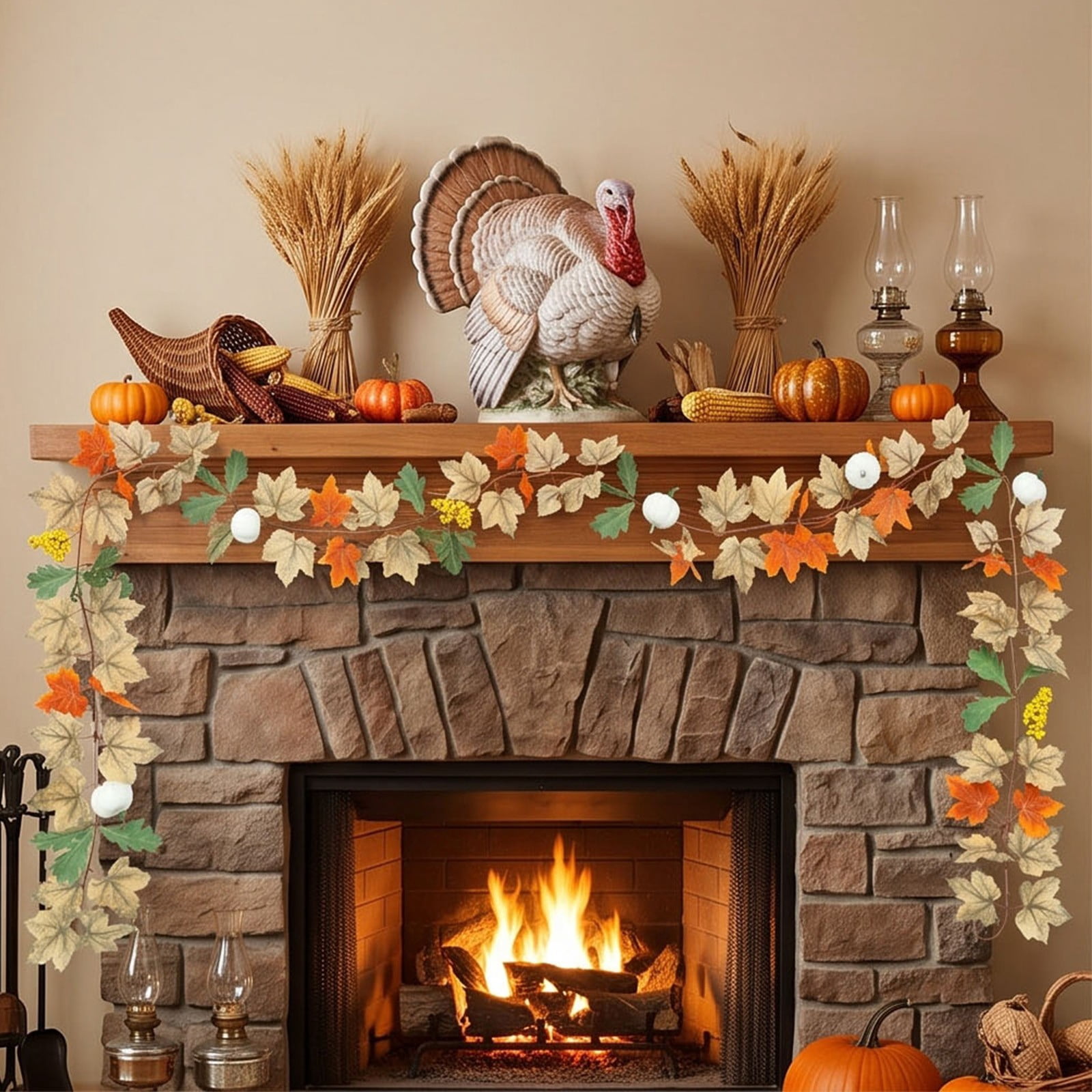 Vine Display 6.56ft Artificial Fall Maple Leaf Garland with Sunflower, Pumpkin and ...