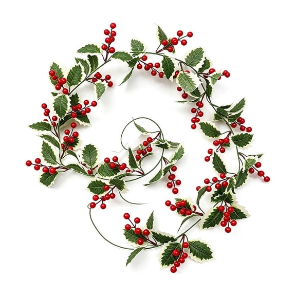6.56ft Artificial Holly Berry Garland, Green Leaf Red Berry Vine, Winter Holiday Greenery Swag for Mantel, Staircase, Christmas Indoor Outdoor Decoration