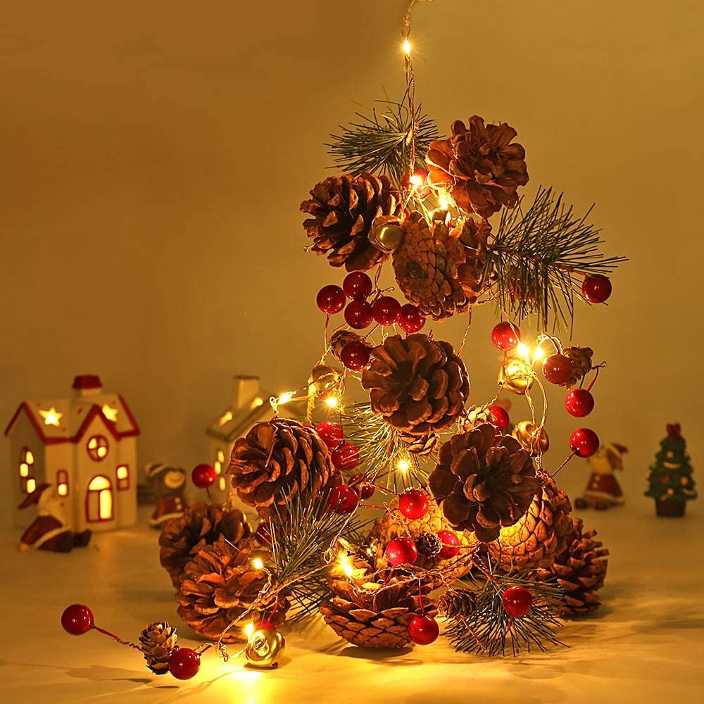 Christmas Garland with String Lights Pine Cone Red Berry Bells