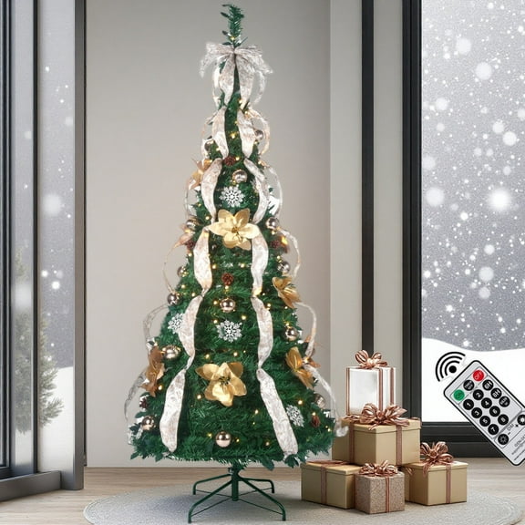 6.5FT Champagne Gold Christmas Pop-Up Tree, Pre-Decorated Pre-Lit Festive Sparkle Pine with Foldable Base for Holiday Parties