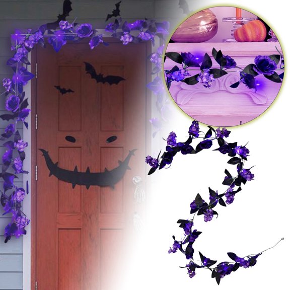 6.5FT Halloween Garland with Black Maple Leaves - Purple String & Silk Leaf Vine Decor for Mantle, Wall, Porch, Party, Indoor & Outdoor Fall & Halloween Decorations