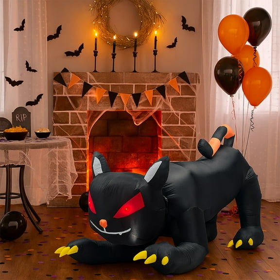 6.5FT Halloween Inflatable Animated Black Cat, Weather-Resistant Polyester, Quick Inflation with Stakes/Ropes for Yard/Patio