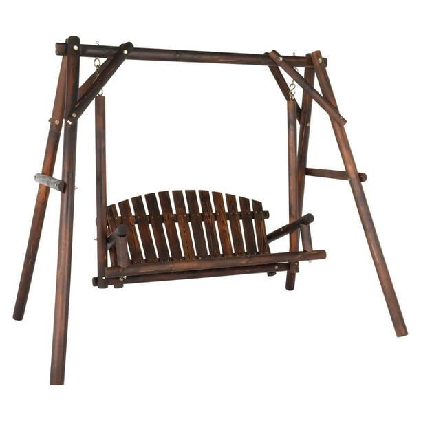 6.5FT Outdoor Hardwood Hanging Porch Swing with Stand Rustic Loveseat Patio Swing Chair with Armrests 2 Person Heavy Duty Swing Bench for Garden