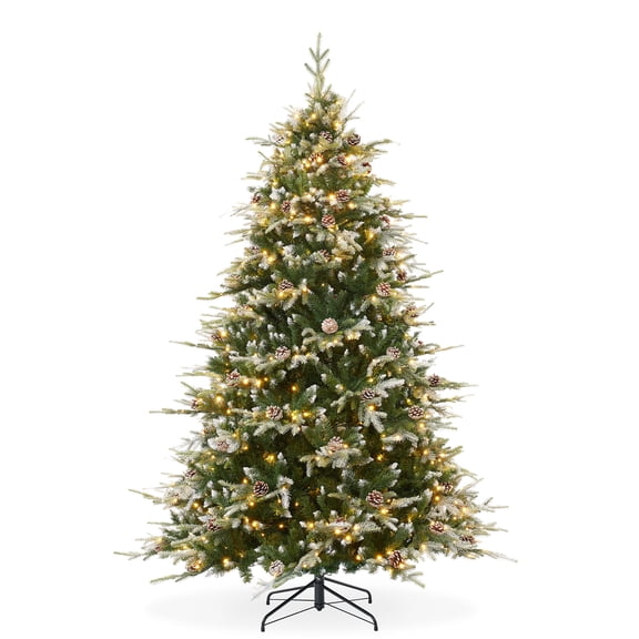 6.5FT Pre-Lit Frosted Aspen Fir Realistic Artificial Christmas Tree with White & Multicolored LED Lights, Pinecones and Sturdy Metal Stand