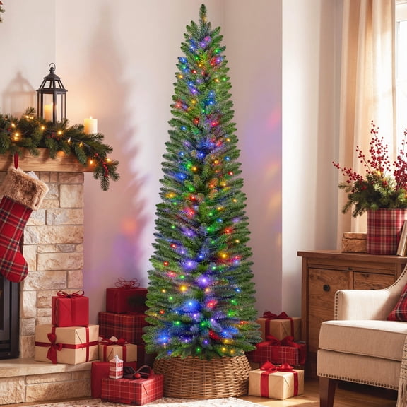 6ft Pre-Lit Pencil Christmas Tree, Artificial Xmas Tree with 210 Dual-Color LEDs, 10 Lighting Modes, Metal Stand, Green