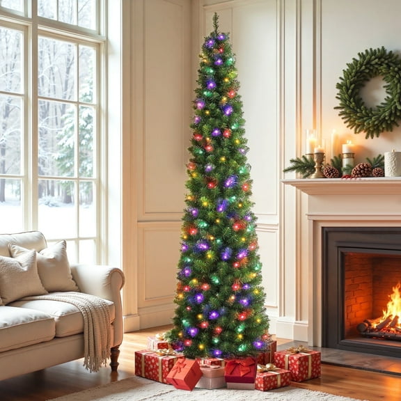 6.5ft Pre-Lit Pencil Christmas Tree, Artificial Xmas Tree with 150 Dual-Color LEDs, 10 Lighting Modes, Metal Stand, Green