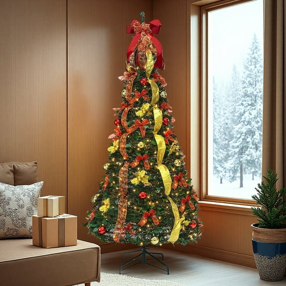 6.5FT Pre-Lit Pop-Up Christmas Tree with Remote Control, 200 Warm White LEDs, with Red Bow, Easy Setup
