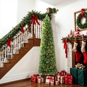 6.5FT Pre-lit Pencil Christmas Tree with Remote Control, 250 Warm White Multi-Color Lights, Hinged Slim Skinny Spruce for Home, Office, Holiday Party Decoration Dual Color LED, Pinecones Red Berries