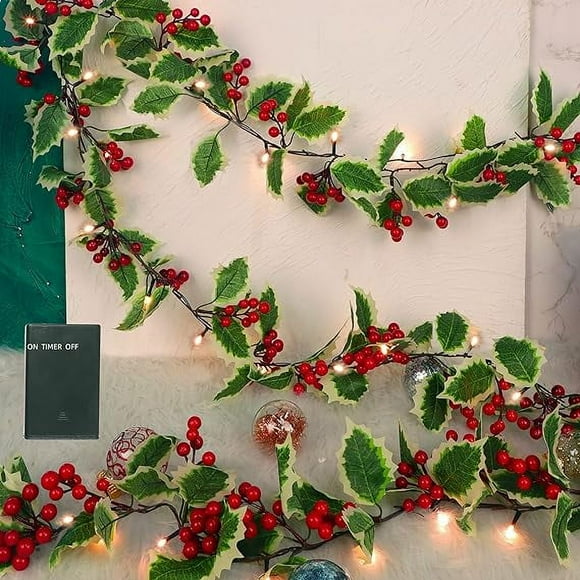 6.5FT Pre-lit Red Berries & Holly Leaves Garlands, Artificial Lighted