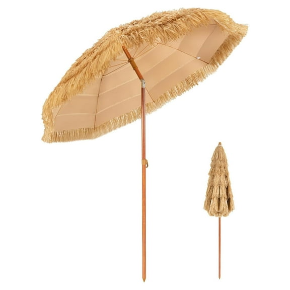 6.5FT Thatched Tiki Patio Umbrella - Hawaiian Style Hula Grass Umbrella w/Tilt Adjustment, 8 Ribs, Portable Tropical Palapa Straw Shade for Garden Pool, Outdoor Straw Beach Umbrella