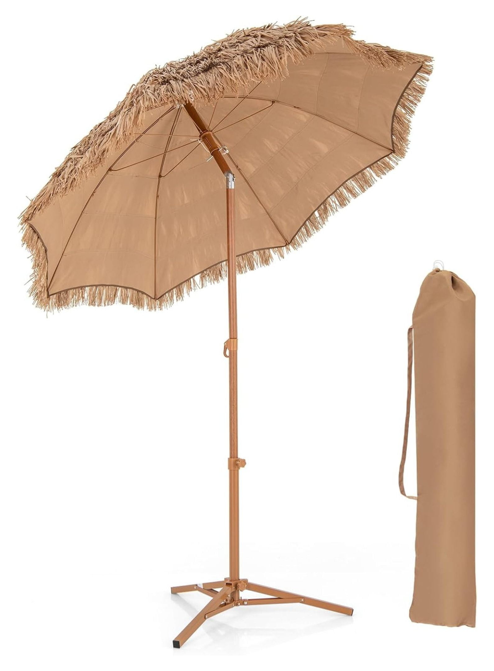 6.5FT Tiki Patio Umbrella with Base - Hawaiian Style Tilt Beach Umbrella w/8 Ribs, Foldable Stand, Carry Bag, Tropical Palapa Grass Pool Umbrellas, Hula Thatched Tiki Umbrella Outdoor Patio
