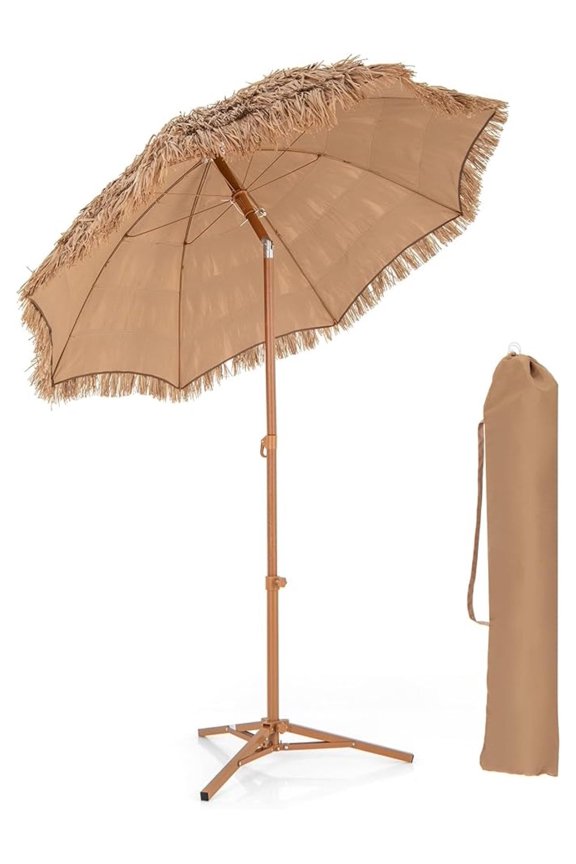 6.5FT Tiki Patio Umbrella with Base - Hawaiian Style Tilt Beach Umbrella w/8 Ribs, Foldable Stand, Carry Bag, Tropical Palapa Grass Pool Umbrellas, Hula Thatched Tiki Umbrella Outdoor Patio