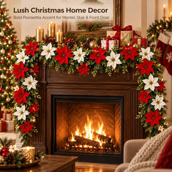 6.5Ft Christmas Garland Red and White Artificial Flowers Garlands Xmas Garland for Home Mantle Fireplace Stairs Decorations