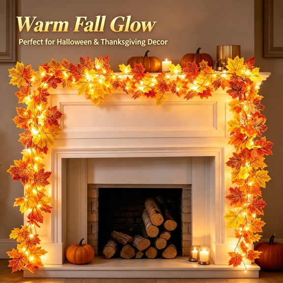 6.5Ft Lighted Fall Maple Leaf Garland, Artificial Autumn Foliage Vine with Warm LED Lights for Mantel, Staircase, Doorway, Thanksgiving Halloween Hanging Decor, Fall Decorations for Home