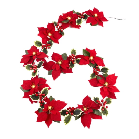 6.5Ft Lighted Poinsettia Christmas Garland with Red Berries and Holly Leaves, Pre-Lit Velvet Artificial Poinsettia Garland for Christmas Decoration